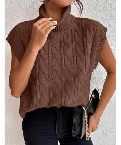 Women's Casual Sleeveless Turtleneck Sweater Vest Cable Knitted Vests Solid Tank Top Sweaters Brown $10.99 Sweaters