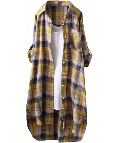 Button Top Mid-Long Lapel Plaid Cardigan Roll Up Long Sleeve Top for Women with Pocket Tunic Tops 6_yellow_33 $8.47 Sweaters