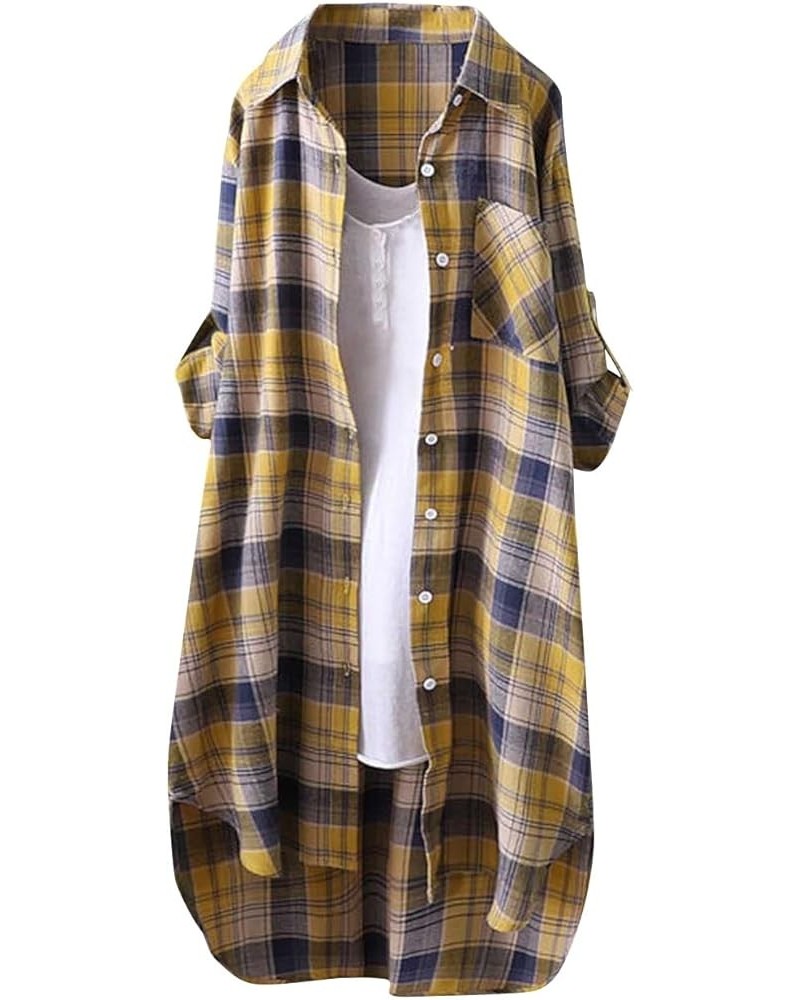 Button Top Mid-Long Lapel Plaid Cardigan Roll Up Long Sleeve Top for Women with Pocket Tunic Tops 6_yellow_33 $8.47 Sweaters