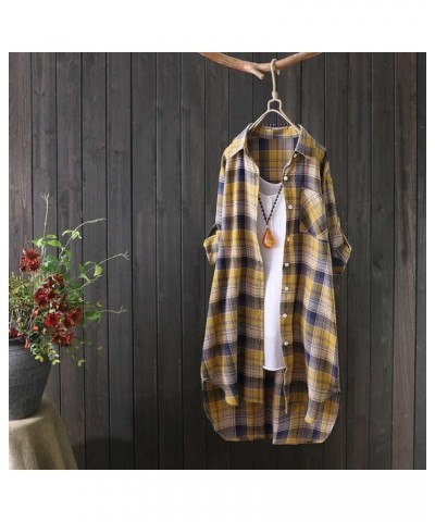 Button Top Mid-Long Lapel Plaid Cardigan Roll Up Long Sleeve Top for Women with Pocket Tunic Tops 6_yellow_33 $8.47 Sweaters