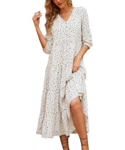 Women's Casual V Neck Boho Dress Puff Sleeve High Waist Floral Smocked Flowy Ruffle Midi Dresses White(black Dots) $23.92 Dre...