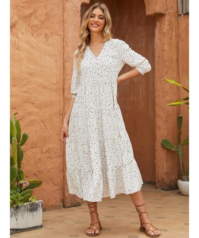 Women's Casual V Neck Boho Dress Puff Sleeve High Waist Floral Smocked Flowy Ruffle Midi Dresses White(black Dots) $23.92 Dre...