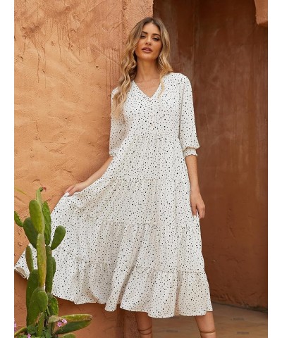 Women's Casual V Neck Boho Dress Puff Sleeve High Waist Floral Smocked Flowy Ruffle Midi Dresses White(black Dots) $23.92 Dre...