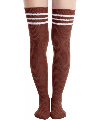 Womens Thigh High Socks, Over Knee Socks for Women, Striped Knit Long Tall Stockings, Cosplay Casual Socks… Coffee, White Str...