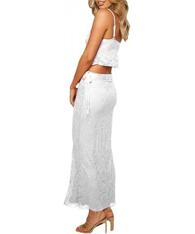 Women Going out Maxi Skirts Set Low Cut Lace Trim Cami Top Crop Top High Waist Bodycon Maxi Skirt 2Pcs Outfits White-05h $10....