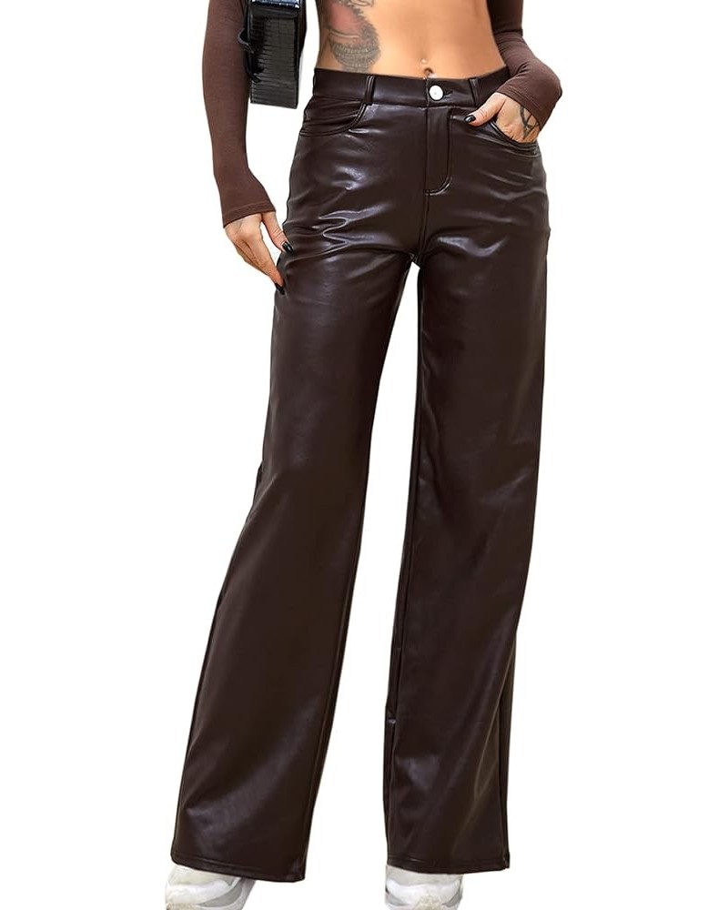 Women Faux Leather Pants PU High Waist Straight Leg Pants with Pockets 1 Upgraded Brown Wide Leg Leather Pants $14.70 Leggings