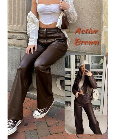 Women Faux Leather Pants PU High Waist Straight Leg Pants with Pockets 1 Upgraded Brown Wide Leg Leather Pants $14.70 Leggings