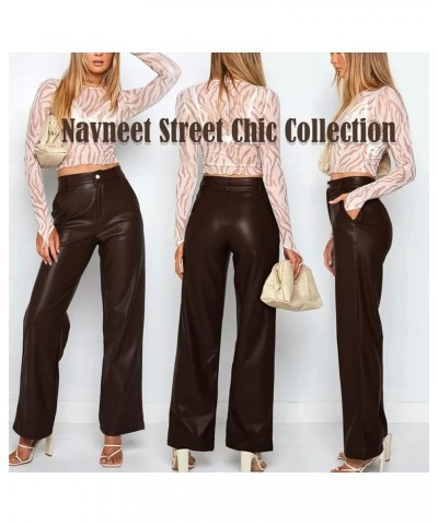 Women Faux Leather Pants PU High Waist Straight Leg Pants with Pockets 1 Upgraded Brown Wide Leg Leather Pants $14.70 Leggings