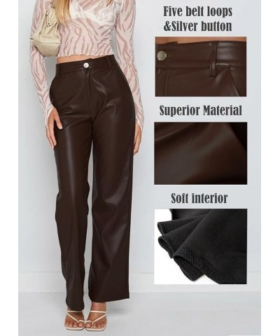 Women Faux Leather Pants PU High Waist Straight Leg Pants with Pockets 1 Upgraded Brown Wide Leg Leather Pants $14.70 Leggings