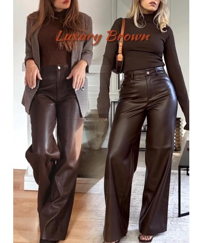 Women Faux Leather Pants PU High Waist Straight Leg Pants with Pockets 1 Upgraded Brown Wide Leg Leather Pants $14.70 Leggings