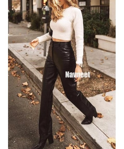 Women Faux Leather Pants PU High Waist Straight Leg Pants with Pockets 1 Upgraded Brown Wide Leg Leather Pants $14.70 Leggings