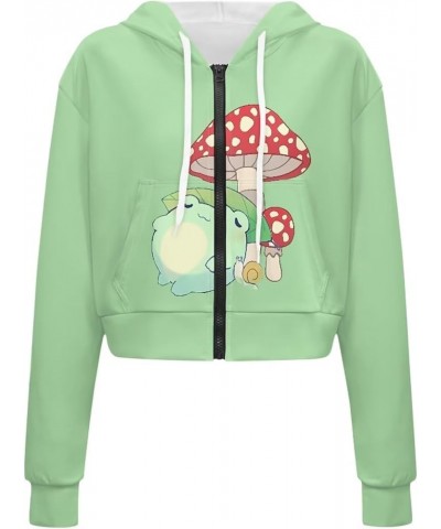 Women's Zip Up Cropped Hoodie Sweatshirt Long Sleeve Causal Drawstring Hoodies Coat with Pockets S-5XL Cute Frog Mushroom Gre...