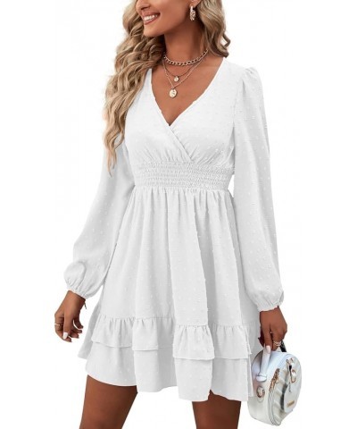 Women's Wrap V Neck Swing Ruffle Swiss Dots Long Sleeve Mini Dress Pure White $26.49 Dresses