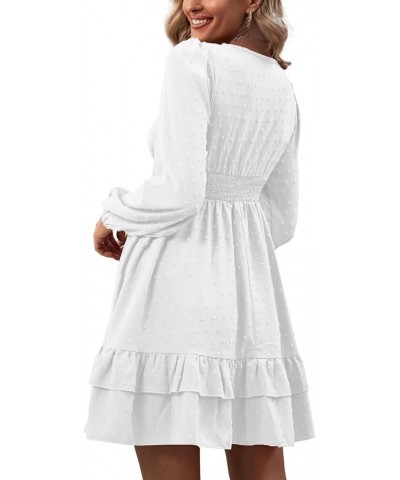 Women's Wrap V Neck Swing Ruffle Swiss Dots Long Sleeve Mini Dress Pure White $26.49 Dresses