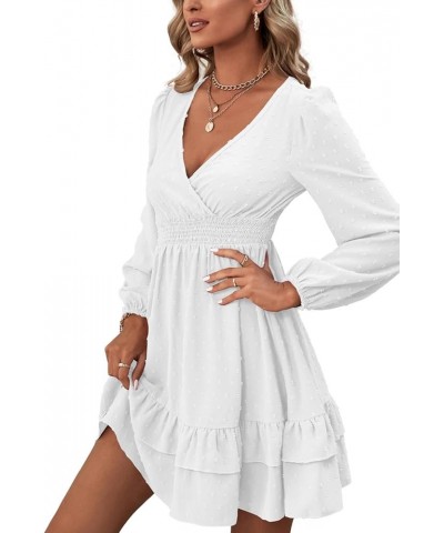 Women's Wrap V Neck Swing Ruffle Swiss Dots Long Sleeve Mini Dress Pure White $26.49 Dresses