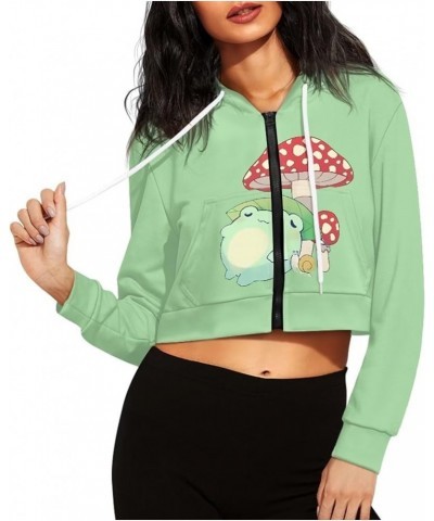 Women's Zip Up Cropped Hoodie Sweatshirt Long Sleeve Causal Drawstring Hoodies Coat with Pockets S-5XL Cute Frog Mushroom Gre...