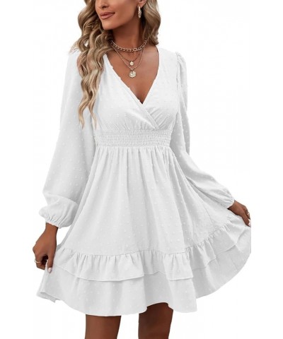 Women's Wrap V Neck Swing Ruffle Swiss Dots Long Sleeve Mini Dress Pure White $26.49 Dresses