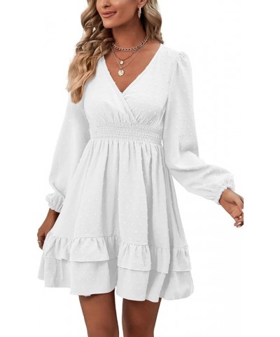 Women's Wrap V Neck Swing Ruffle Swiss Dots Long Sleeve Mini Dress Pure White $26.49 Dresses