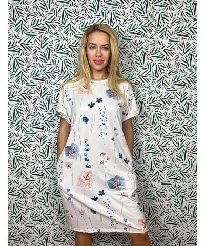 Womens Super Soft T Shirt Dress Short Sleeve Casual Summer Tunic Dresses Loose Baggy House Dress White Floral $15.65 Dresses