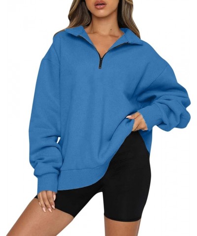 Women's Causal Quarter Zip Pullover Long Sleeve Print Collar Sweatshirts Solid Activewear Running Jacket 1/4 Zip3-blue $8.73 ...