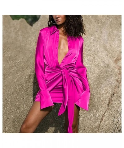 Sexy Satin Shirt Dress for Women Summer Long Sleeve Button Down V Neck Tie Waist Ruched Wrap Mini Dress Rosered $23.45 Dresses