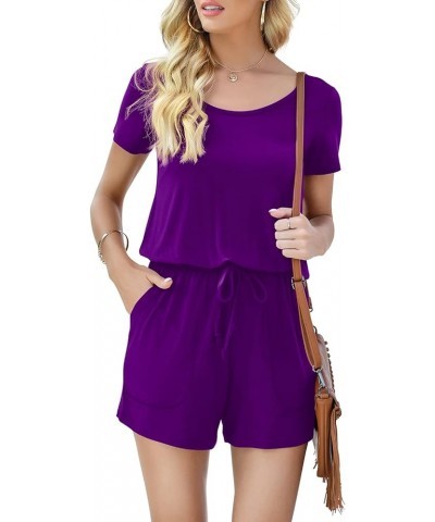 Womens Summer Short Sleeve Romper Casual Short Jumpsuits With Pockets 0-purple $15.63 Rompers