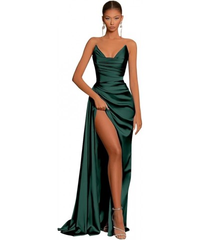 Women's Strapless Satin Prom Dresses Long with Slit Ruched Formal Evening Party Gown Teal $31.85 Dresses