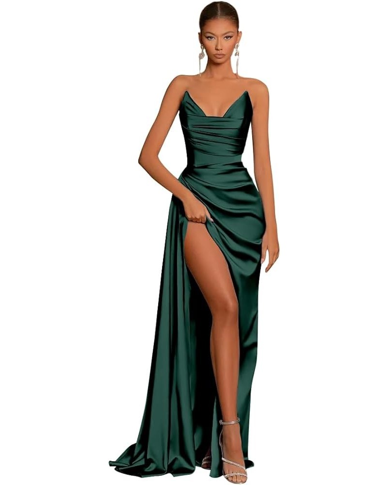 Women's Strapless Satin Prom Dresses Long with Slit Ruched Formal Evening Party Gown Teal $31.85 Dresses