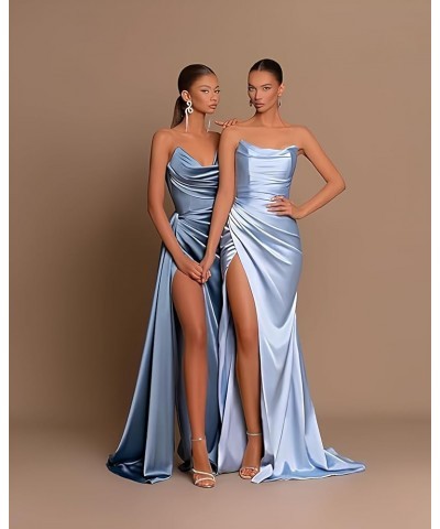 Women's Strapless Satin Prom Dresses Long with Slit Ruched Formal Evening Party Gown Teal $31.85 Dresses