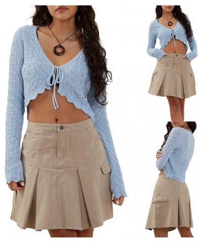 Women Tie-Up Cardigan T-Shirt Summer White Long Sleeve V Neck Lace Trim Tie Up Lantern Sleeve Crop Tops D Blue $11.79 Sweaters