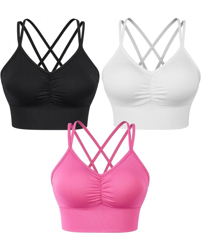 Women Strappy Sports Bra Cross Back Medium Supports Seamless Removable Padded Yoga Bra for Workout Fitness 3 Pack Ruched Styl...