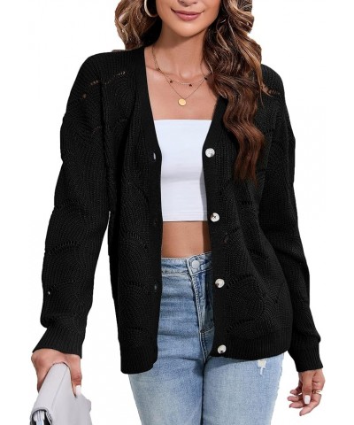 Fall Women's Crochet Cardigan Lightweight Kimono Long Sleeve Hollow Out Kint Outwear Sweater Black $16.73 Sweaters