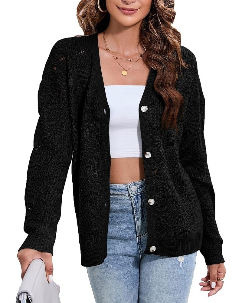 Fall Women's Crochet Cardigan Lightweight Kimono Long Sleeve Hollow Out Kint Outwear Sweater Black $16.73 Sweaters