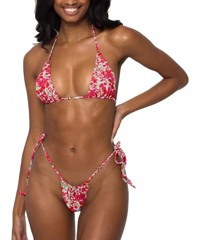 Women Halter String Bikini Set Sexy Thong Cheeky Two Piece Swimsuits Solid Color Bathing Swimwear Red Flower $16.42 Swimsuits