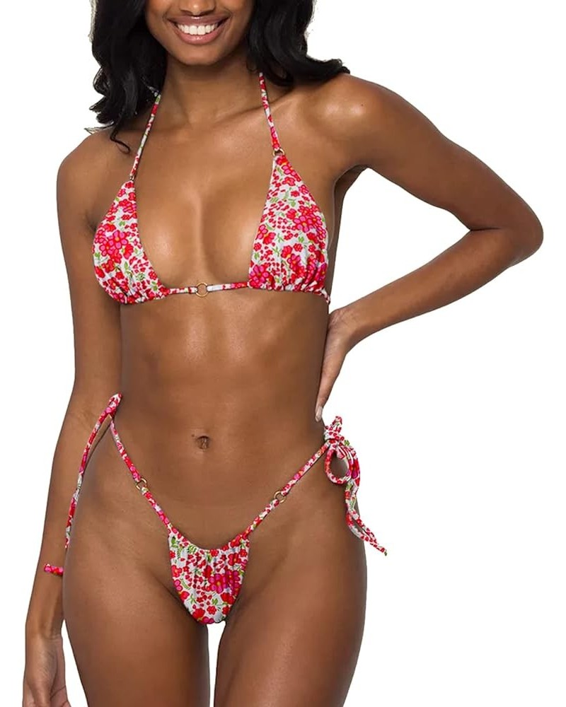 Women Halter String Bikini Set Sexy Thong Cheeky Two Piece Swimsuits Solid Color Bathing Swimwear Red Flower $16.42 Swimsuits