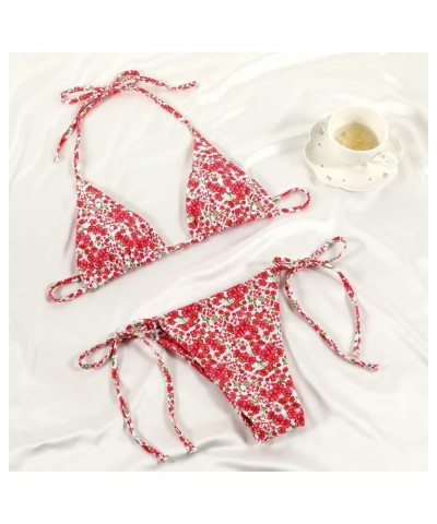 Women Halter String Bikini Set Sexy Thong Cheeky Two Piece Swimsuits Solid Color Bathing Swimwear Red Flower $16.42 Swimsuits