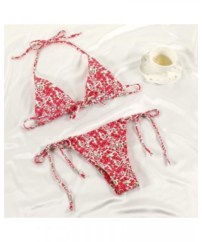 Women Halter String Bikini Set Sexy Thong Cheeky Two Piece Swimsuits Solid Color Bathing Swimwear Red Flower $16.42 Swimsuits