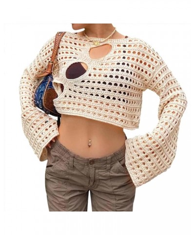 Womens Y2K Hollow Out Cropped Top Long Sleeve Crochet Knit Crop Tops Summer Sexy Beach Cover Up SwimSuit Coverup 2-apricot $1...