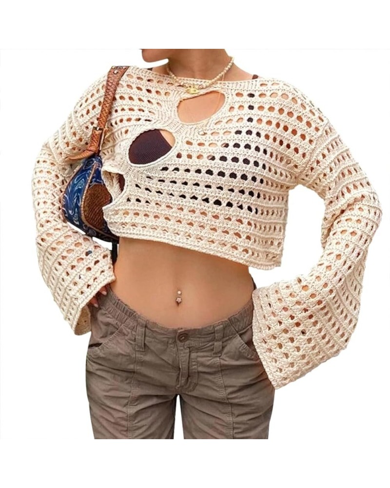 Womens Y2K Hollow Out Cropped Top Long Sleeve Crochet Knit Crop Tops Summer Sexy Beach Cover Up SwimSuit Coverup 2-apricot $1...