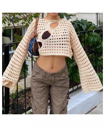 Womens Y2K Hollow Out Cropped Top Long Sleeve Crochet Knit Crop Tops Summer Sexy Beach Cover Up SwimSuit Coverup 2-apricot $1...