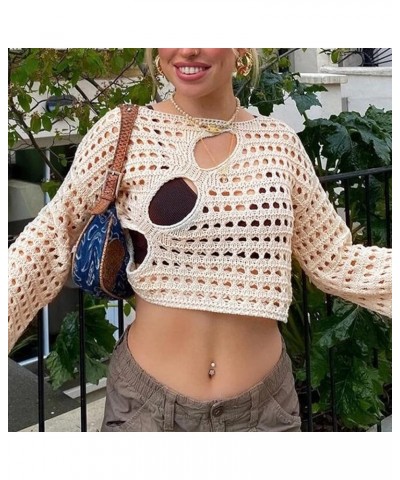 Womens Y2K Hollow Out Cropped Top Long Sleeve Crochet Knit Crop Tops Summer Sexy Beach Cover Up SwimSuit Coverup 2-apricot $1...