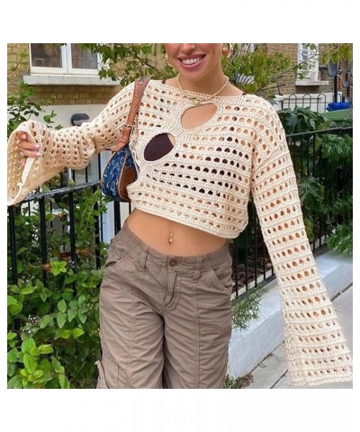 Womens Y2K Hollow Out Cropped Top Long Sleeve Crochet Knit Crop Tops Summer Sexy Beach Cover Up SwimSuit Coverup 2-apricot $1...