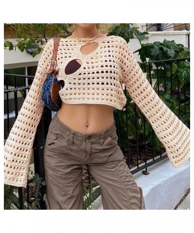 Womens Y2K Hollow Out Cropped Top Long Sleeve Crochet Knit Crop Tops Summer Sexy Beach Cover Up SwimSuit Coverup 2-apricot $1...