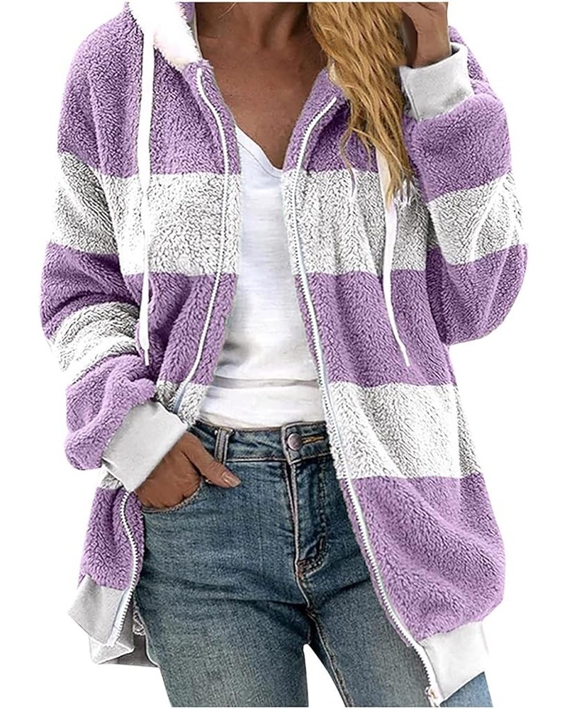 Women's Winter Coats Fuzzy Fleece Jacket Hooded Color Block Patchwork Cardigan Coats Outerwear with Pockets 06-light Purple $...