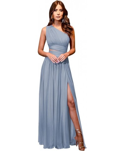 One Shoulder Bridesmaid Dresses for Wedding 2024 Chiffon High Slit Long Formal Prom Dress with Pockets Dusty Blue $24.75 Dresses