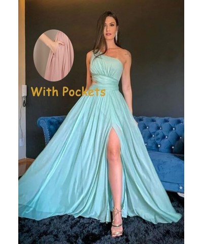 One Shoulder Bridesmaid Dresses for Wedding 2024 Chiffon High Slit Long Formal Prom Dress with Pockets Dusty Blue $24.75 Dresses