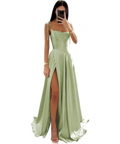 Women's Spaghetti Straps Bridesmaid Dresses with Pockets Split Ruched Satin A Line Formal Evening Gowns AG062 Sage Green $30....