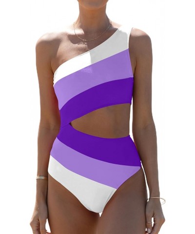 Cut Out One Piece Bathing Suit for Women Color Block One Shoulder Swimsuit Purple $20.05 Swimsuits