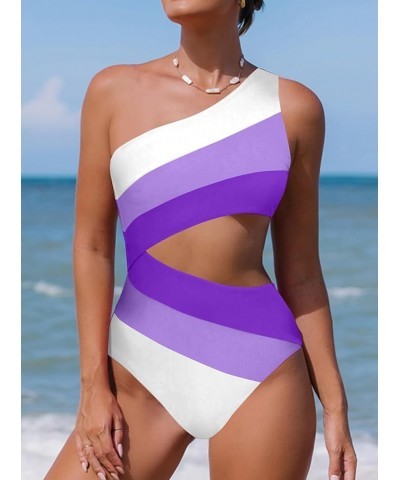 Cut Out One Piece Bathing Suit for Women Color Block One Shoulder Swimsuit Purple $20.05 Swimsuits