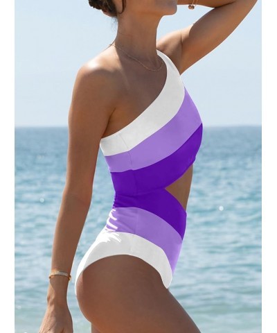 Cut Out One Piece Bathing Suit for Women Color Block One Shoulder Swimsuit Purple $20.05 Swimsuits